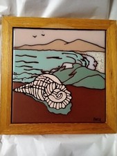 Terra Cotta Art Tile Signed By Artist Bette Southwestern  Beach Scene w/ Shell picture