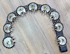 Myra Tucson Zuni Native American Sunface Leather Belt-Sterling Silver MOB Inlay picture
