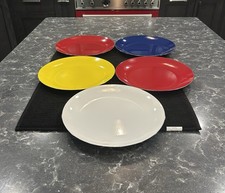 Cathrineholm 10” Blue, Red, White & Yellow Enamel & Stainless Plate SET OF 5 picture