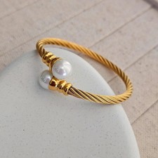 White Opal Cuff Bangle Bracelet In 14K Yellow Gold Plated 7.5'' Inch For Women's picture