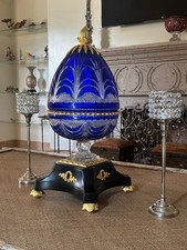 Faberge Egg Cobalt Cut Crystal Wave Pattern 24K Gold Plated Stand Numbered picture