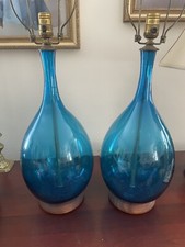 RARE Pair Large Vintage Blenko Handblown Table Lamps 1960s Teal Blue Excellent picture