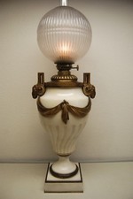 ANTIQUE FRENCH EMPIRE BRONZE KEROSENE OIL MANTEL ART DECO MARBLE RAM LAMP RIBBED picture