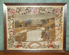 IMPORTANT 1834 NEEDLEWORK STUMPWORK SAMPLER IN ANTIQUE WILLIAM IV ROSEWOOD FRAME picture