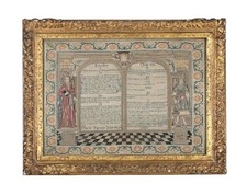 IMPORTANT ANTIQUE 10 COMMANDMENTS GEORGE I 1727 NEEDLEWORK SAMPLER MARY FARRAN picture