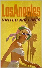 Original Vintage Poster LOS ANGELES UNITED AIR LINES Airline Travel Galli LINEN picture
