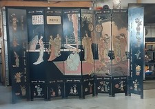 VINTAGE ASIAN 8 PANEL CHINOISERIE HAND CARVED BLACK LAQUER 7'x11' ROOM DIVIDER picture