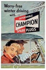 Vintage Auto Advertising Poster Champion Spark Plugs Classic Car Poster Art 1950 picture