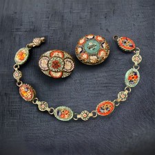 Antique Italian Mili Fiori Micro Mosiac BraceletAnd Two Brooches Set, Gift Boxed picture