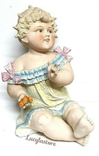 Huge Antique Conta Boehme BISQUE Porcelain PIANO Baby Figurine GIRL w/ Fruit picture