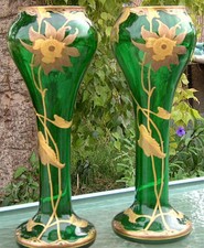 ANTIQUE ART PAIR GLASS VASE SIGNED FRITZ HECKERT C.1890 BOHEMIAN LOETZ ERA picture