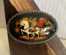 Hand-painted Black Lacquer Miniature~Brooch made in Russian Folk/Palekh Style picture