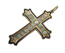 Renaissance Revival Jelly Opal & 18K Gold Cross with Blue Enamel - Circa 1880's picture