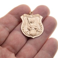 14K Solid Gold St Michael Medal Large Police Military Pendant USA picture