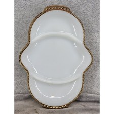 Vintage Anchor Hocking Fire-King Milk Glass Divided Relish Tray Gold Trim 11
