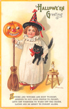 c.1910 sgd A Heinmuller Girl with Black Cat & Jack O' Lantern Halloween postcard picture