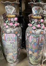 SUPERB VINTAGE HAND PAINTED FAMILLE ROSE MEDALLION PORCELAIN FLOOR VASES-63''H picture