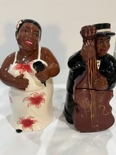 Jazz Man Playing Base Cookie Jar By Casa Vero Lady Floral Dress PAIR Set Of 2 picture