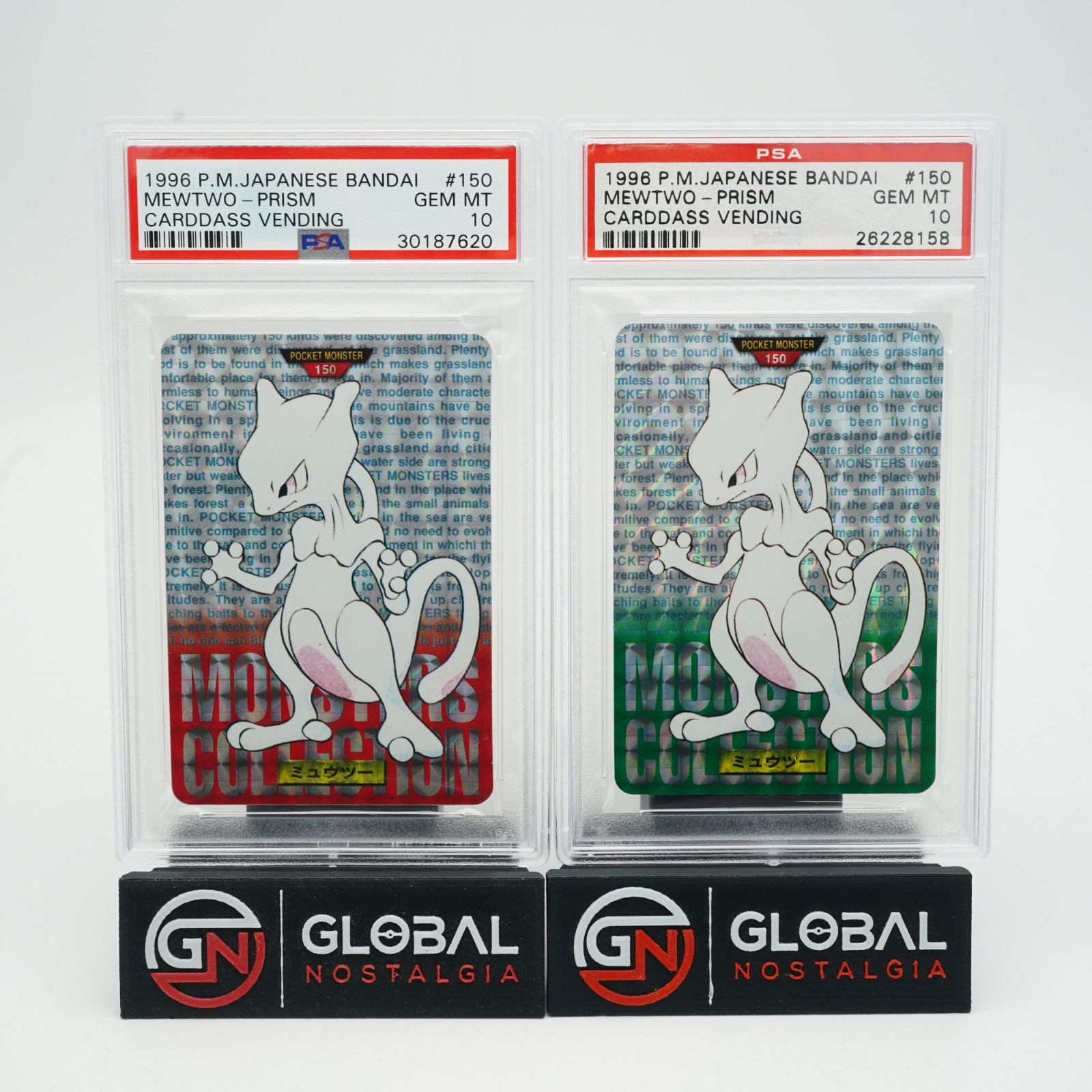 Mewtwo #150 Prism Bandai Carddass Vending Red & Green Japanese 1996 Both PSA 10