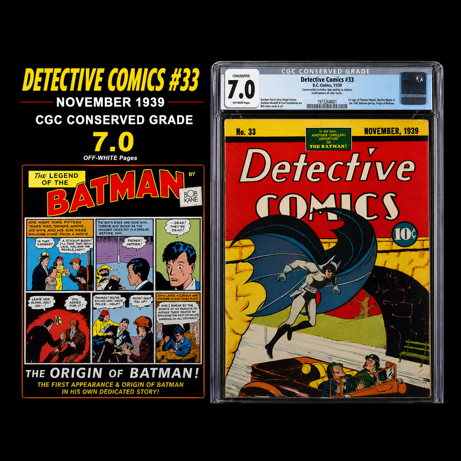 DETECTIVE COMICS #33 CGC 7.0 OW ORIGIN BATMAN CONSERVED BATMAN 1ST USE WITH GUN DETECTIVE COMICS #33 CGC 7.0 OW ORIGIN BATMAN CONSERVED BATMAN 1ST USE WITH GUN