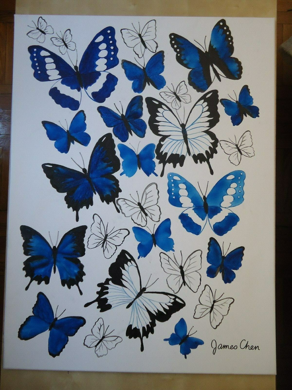 BLUE BUTTERFLIES #2 HUGE 30''X 40''PAINTING ON CANVAS BY COMIC ARTIST JAMES CHEN BLUE BUTTERFLIES #2 HUGE 30''X 40''PAINTING ON CANVAS BY COMIC ARTIST JAMES CHEN