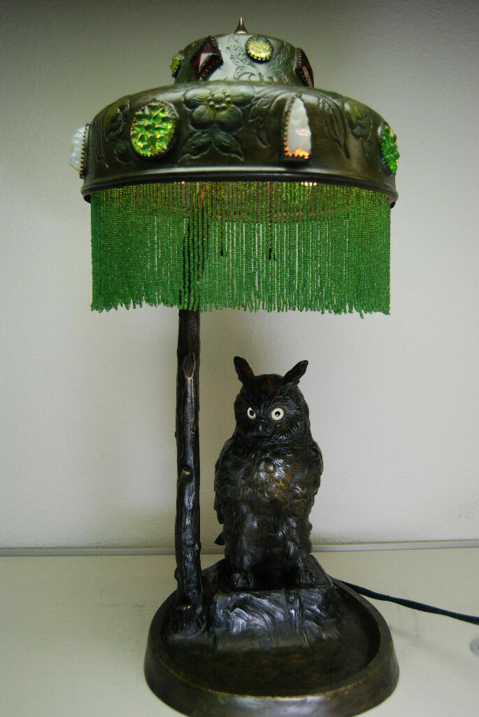 ANTIQUE AUSTRIAN BRONZE ART NOUVEAU DECO OWL GLASS JEWELED ARTS AND CRAFTS LAMP ANTIQUE AUSTRIAN BRONZE ART NOUVEAU DECO OWL GLASS JEWELED ARTS AND CRAFTS LAMP