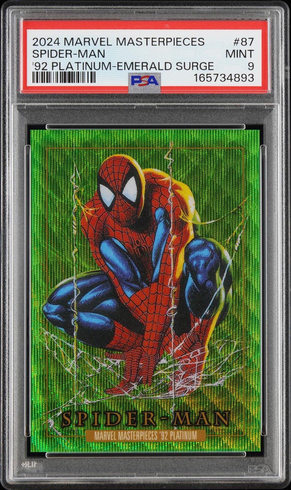2024 UD MARVEL MASTERPIECES '92 PLATINUM EMERALD SURGE #87 SPIDER-MAN 9/10 PSA 9