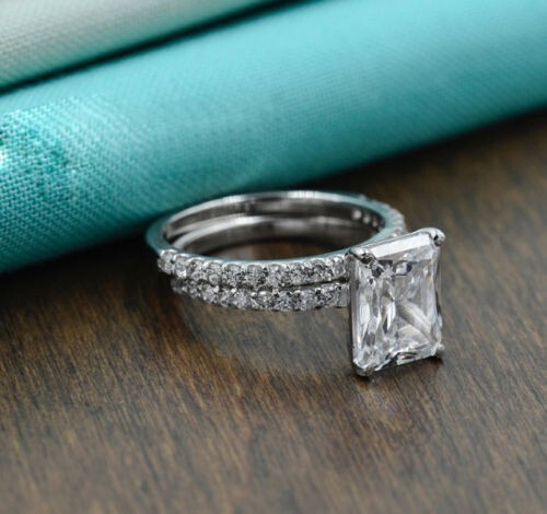 White Moissanite 2.65Ct Radiant Cut Engagement Ring Set 14k White Gold in Size 7