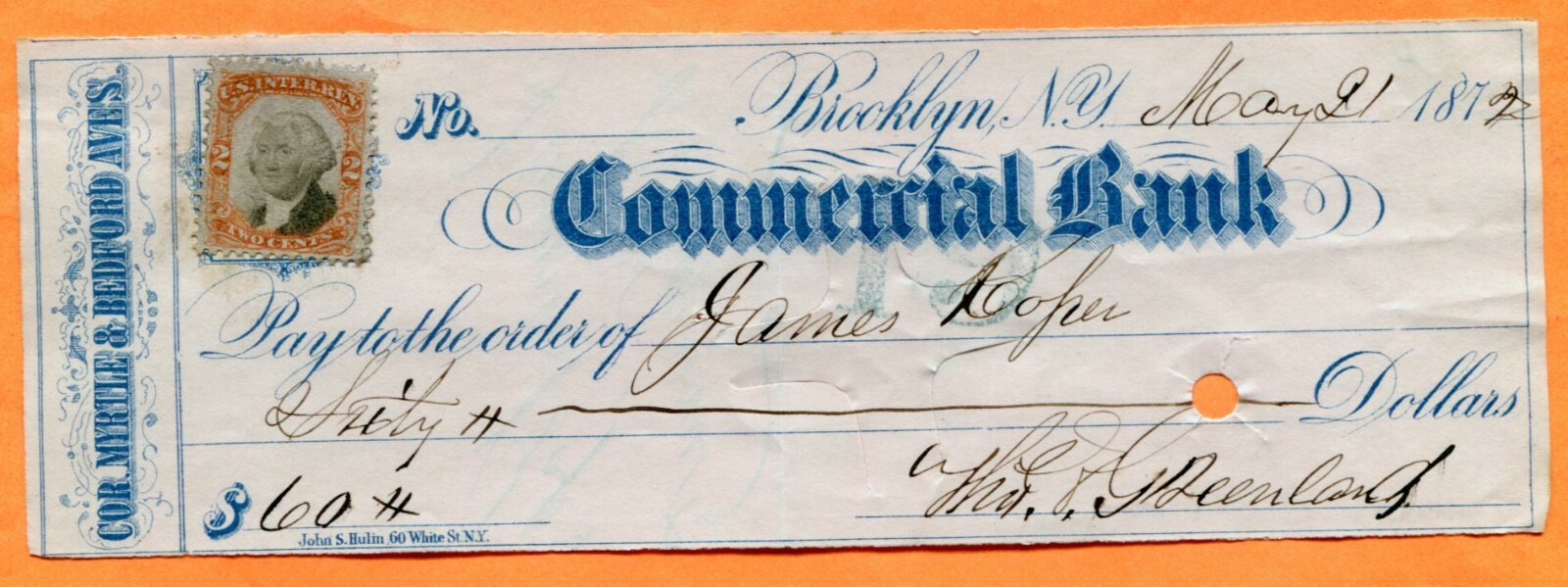 Brooklyn, NY, Commercial Bank, Revenue Stamped Check 1872 to James Roper