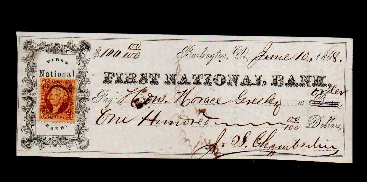 1868 - Fantastic Check signed by Horace Greeley -  Autograph