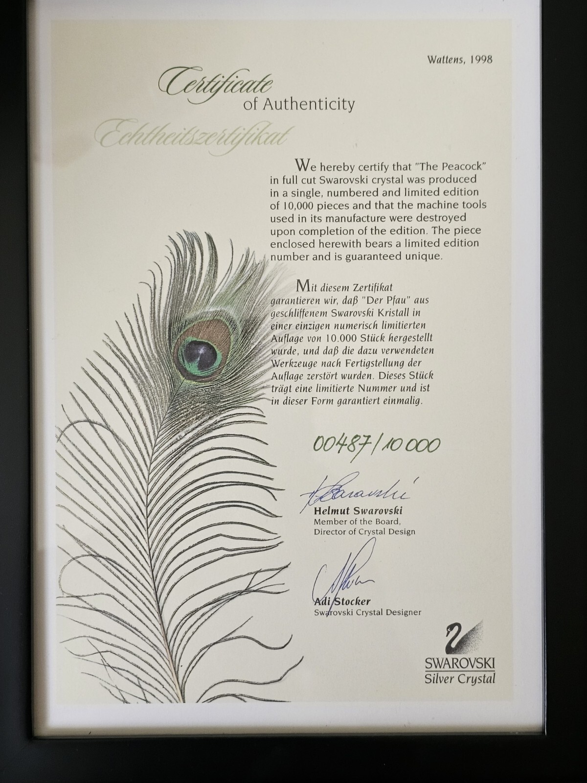 SWAROVSKI SCS 1998 PEACOCK NUMBERED LIMITED EDITION 218123 IN THE CASE PAPERS SWAROVSKI SCS 1998 PEACOCK NUMBERED LIMITED EDITION 218123 IN THE CASE PAPERS