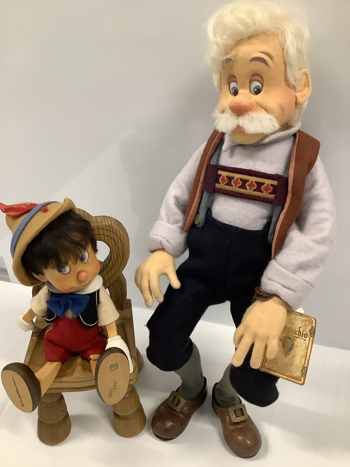 R. John Right Geppetto, Pinocchio And Wood Carved Anri Chair, Perfect Condition, R. John Right Geppetto, Pinocchio And Wood Carved Anri Chair, Perfect Condition,