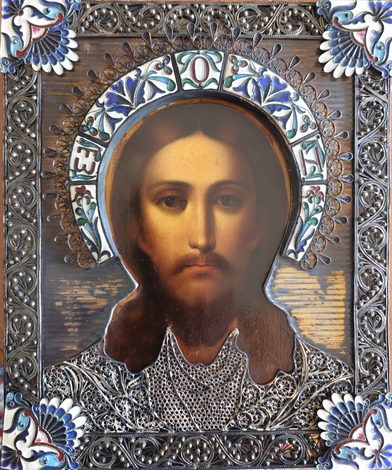 ANTIQUE 19c SILVER ENAMEL FILIGREE RUSSIAN ICON OF THE CHIST 