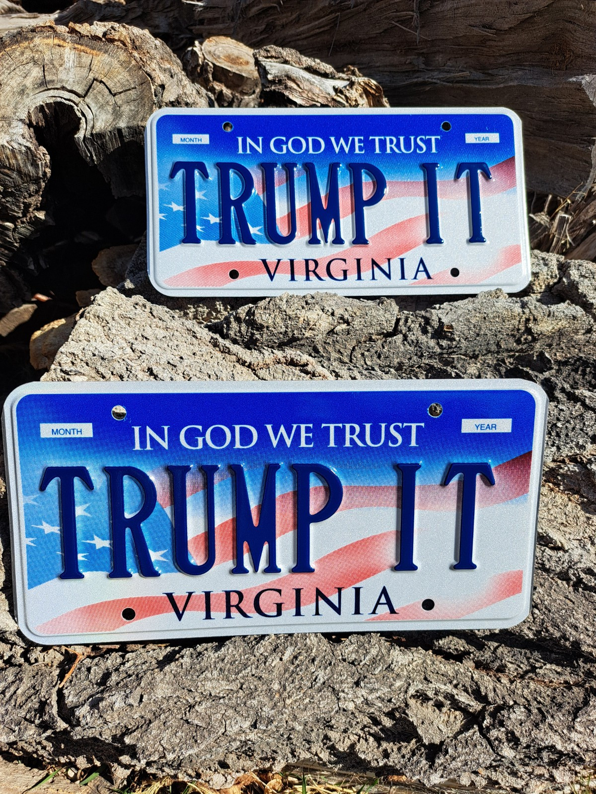 TRUMP IT VIRGINIA VANITY LICENSE PLATE IN GOD WE TRUST AMERICAN FLAG DONALD 
