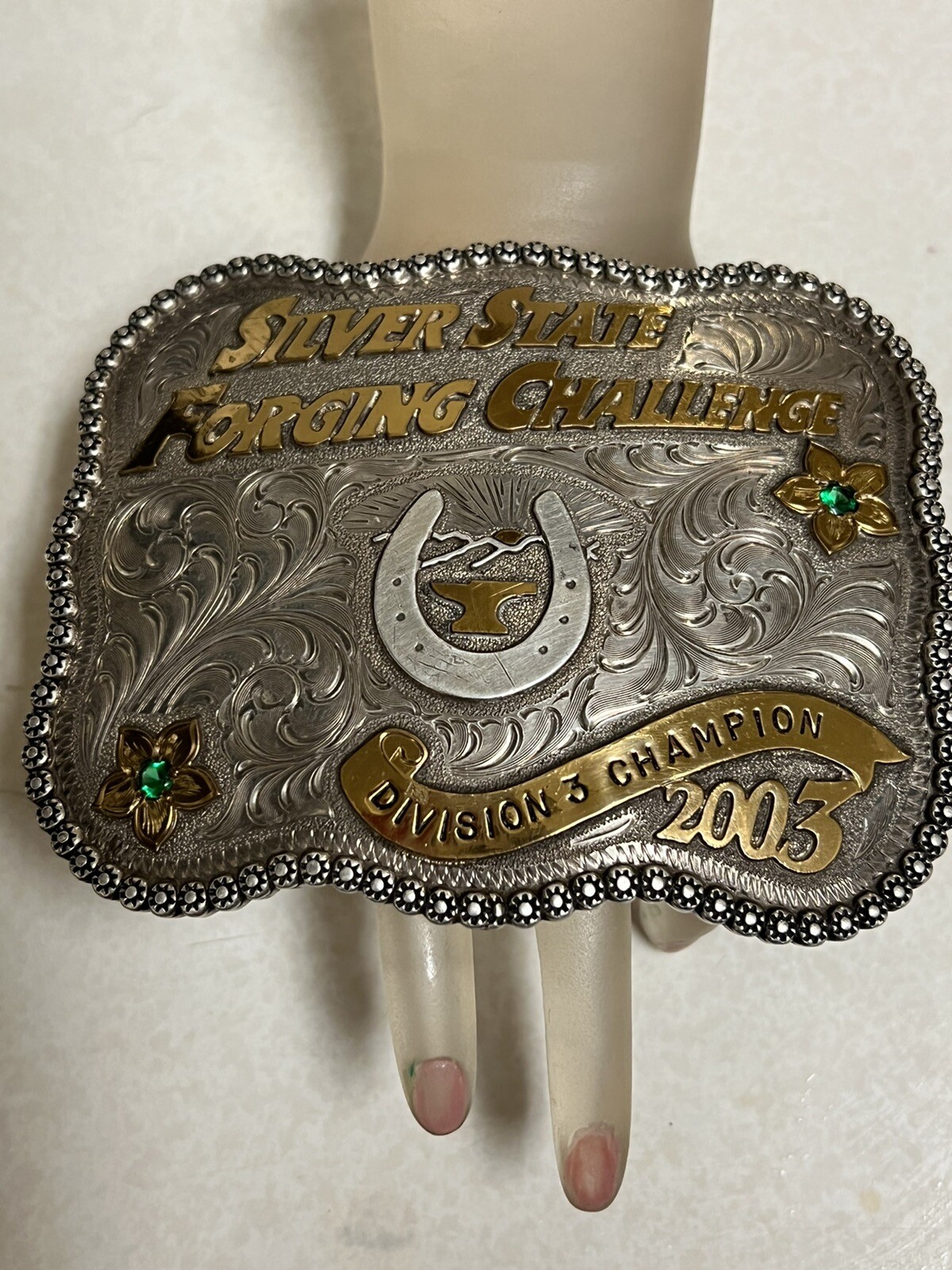 NICK CUNNINGHAM CHAMPIONSHIP BELT BUCKLE STERLING EMERALD SILVER ESTATE 2003