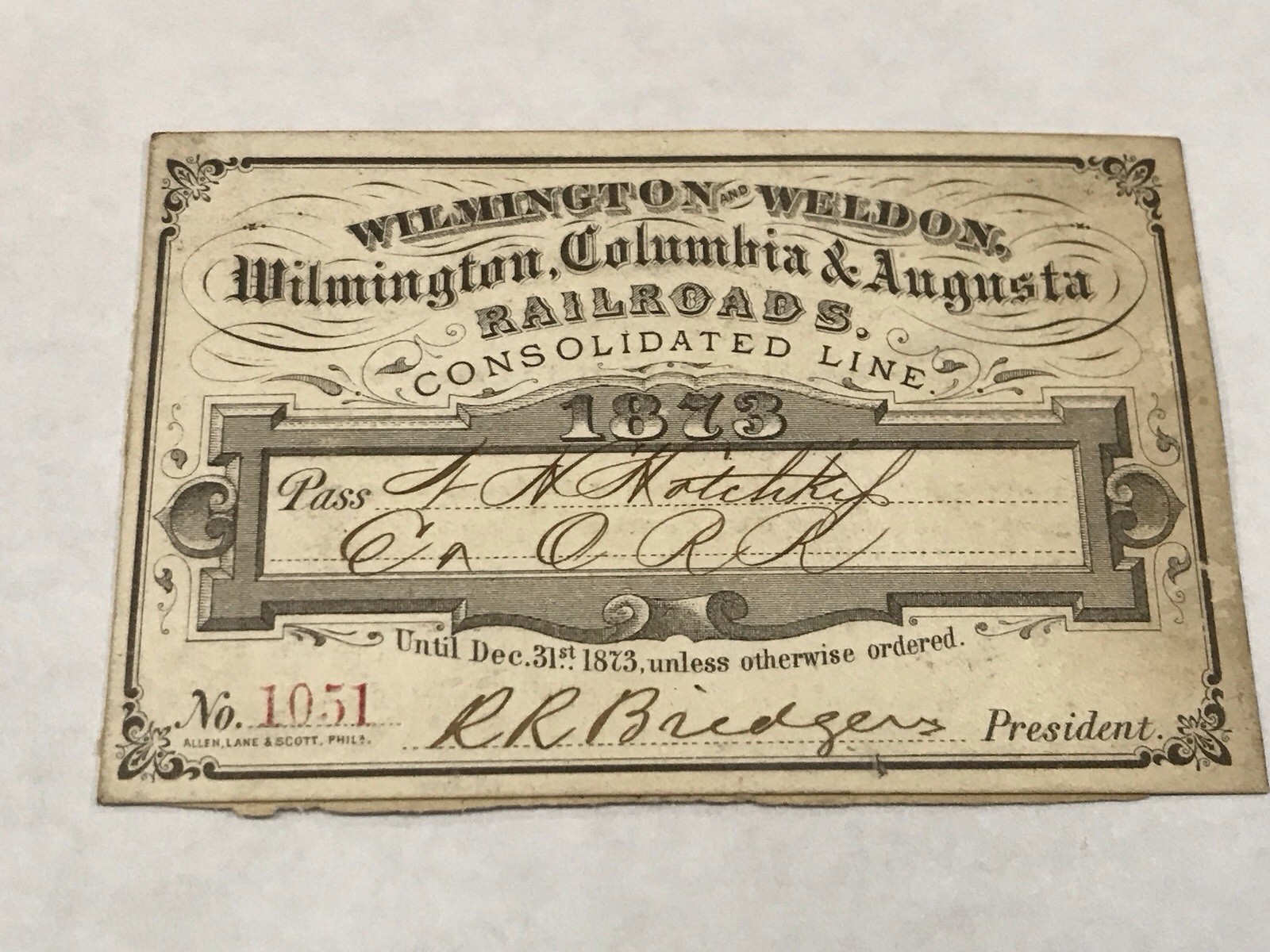 A&O-1873 Wilmington & Weldon Railroad Pass-Wilmington, Columbia, & August ISSUED A&O-1873 Wilmington & Weldon Railroad Pass-Wilmington, Columbia, & August ISSUED