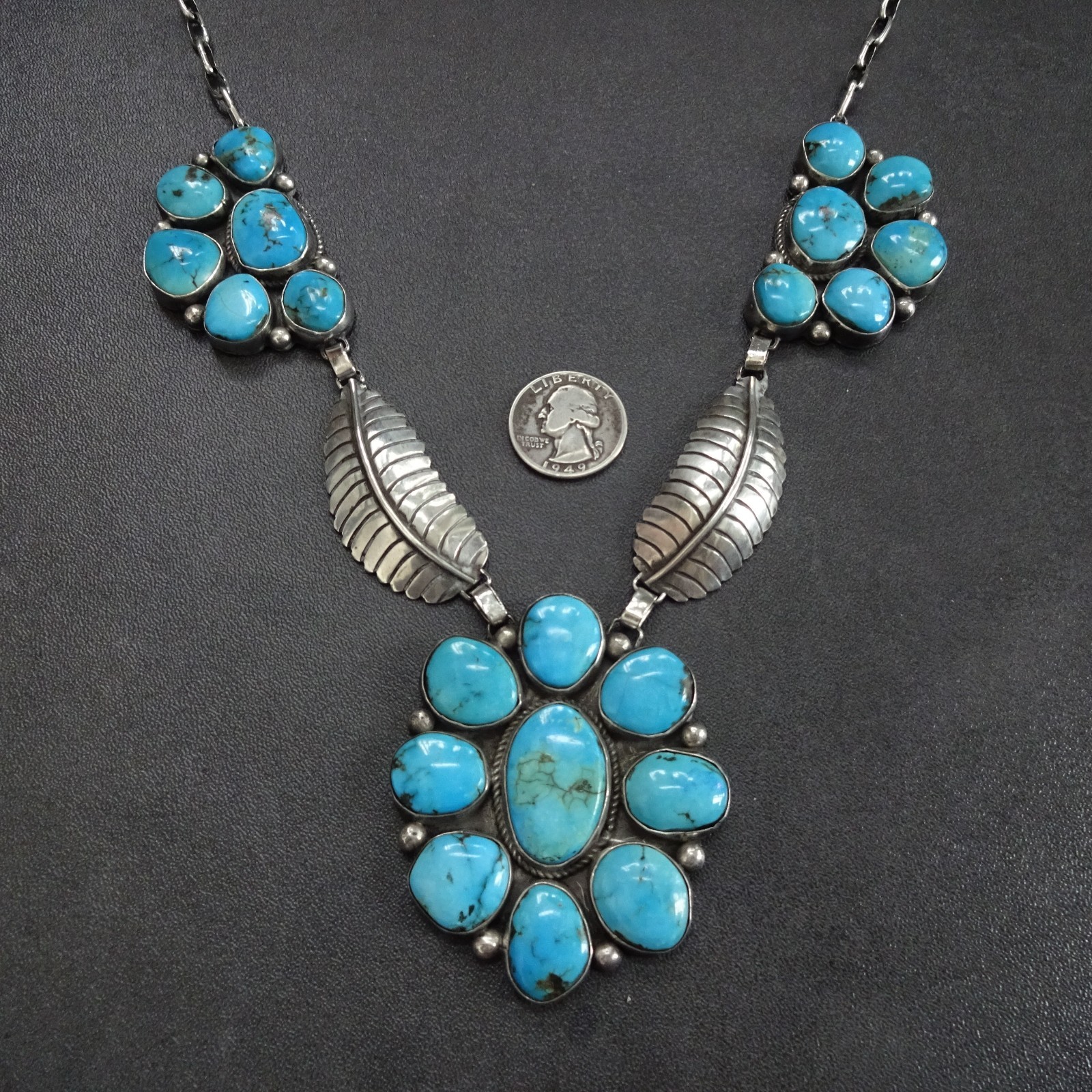 Radiant E. MARTINEZ Navajo KINGMAN TURQUOISE CLUSTER Sterling Silver NECKLACE