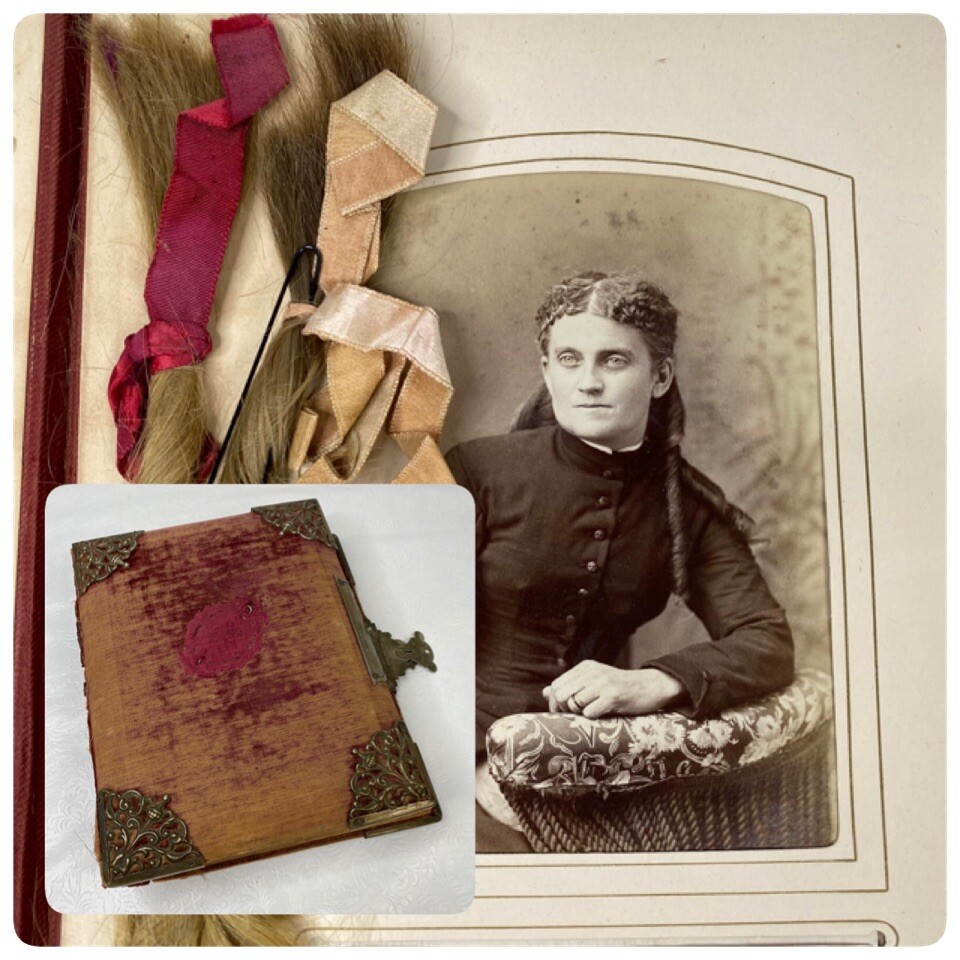 Antique Victorian 1880s Photo Album w 2 Locks of Hair 6 Images Metal Clasp OOAK Antique Victorian 1880s Photo Album w 2 Locks of Hair 6 Images Metal Clasp OOAK