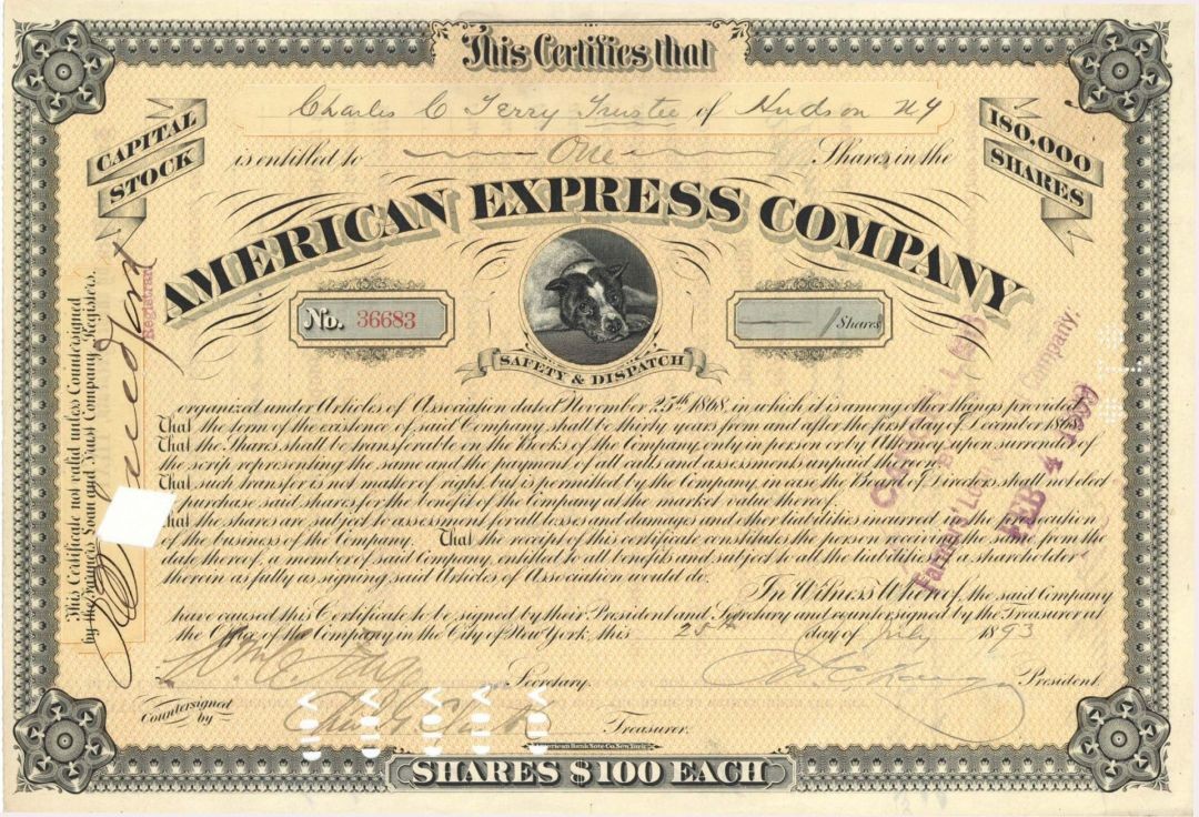 American Express Co. signed by J. C. Fargo and W. C. Fargo - - Unique - 1893 o American Express Co. signed by J. C. Fargo and W. C. Fargo - - Unique - 1893 o