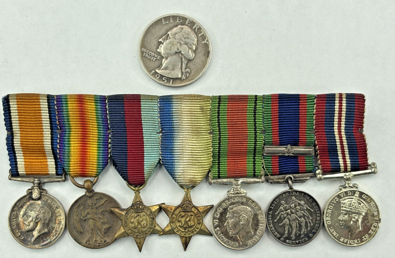British World War 1 & 2 MINIATURE 7 Medal Set incl. Canada 1939-1945 Maple Leaf