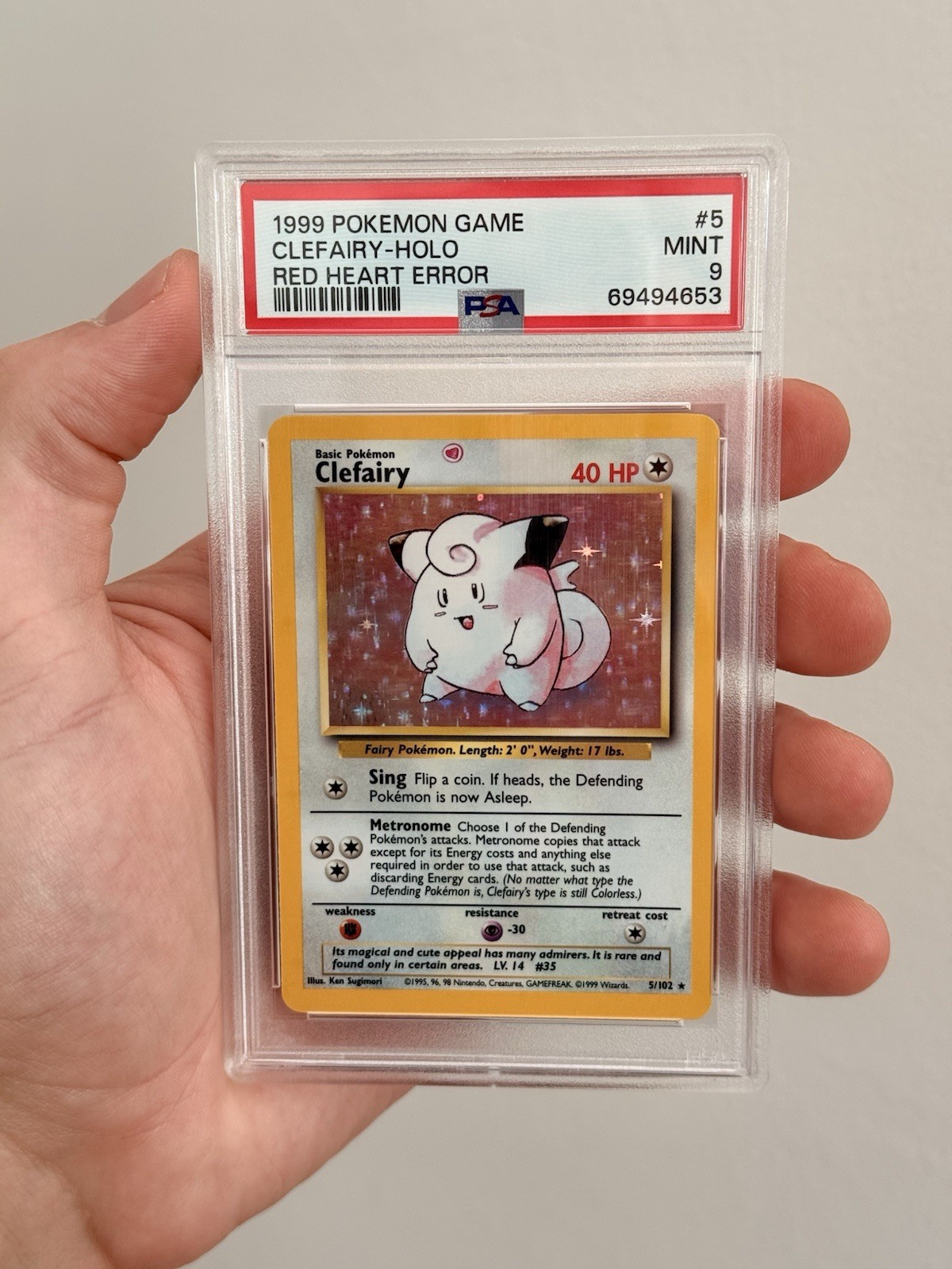 1999 Pokemon Graded PSA 9 Clefairy Holo RED HEART ERROR - POP 1 Top Of POP NO 10