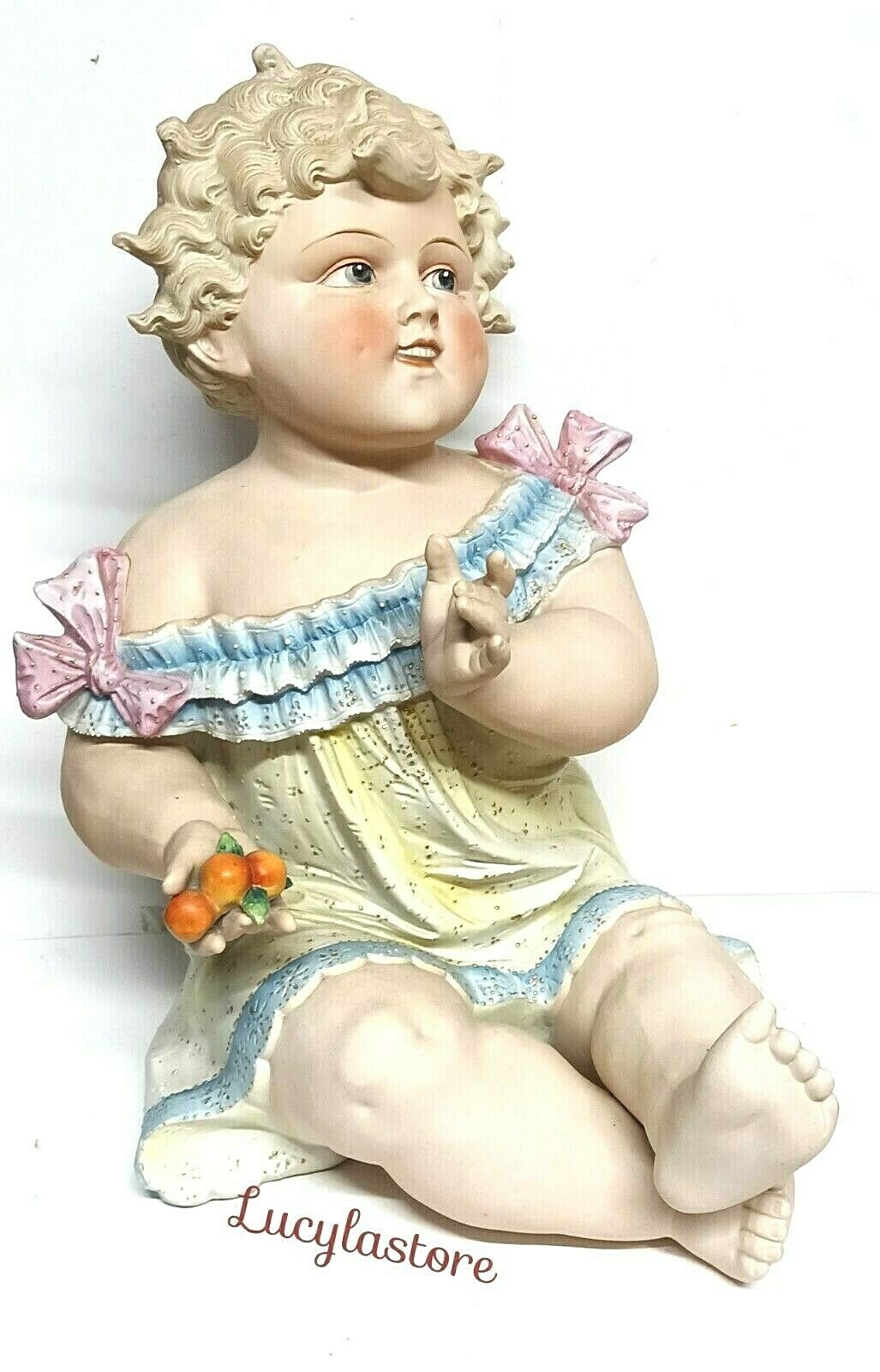 Huge Antique Conta Boehme BISQUE Porcelain PIANO Baby Figurine GIRL w/ Fruit Huge Antique Conta Boehme BISQUE Porcelain PIANO Baby Figurine GIRL w/ Fruit