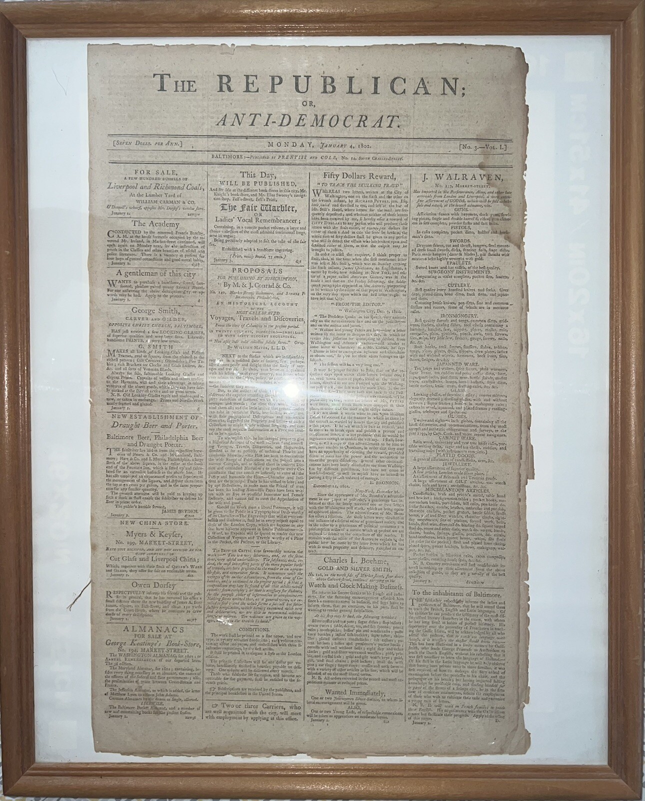 NEVER SEEN 3RD EVER ISSUED REPUBLICAN OR ANTI-DEMOCRAT NEWSPAPER JANUARY 4 1802
