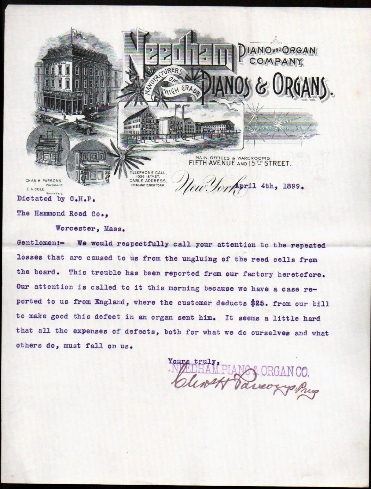 Needham Piano and Organ Co 1899 New York - SPECTACULAR Letter head Bill Needham Piano and Organ Co 1899 New York - SPECTACULAR Letter head Bill