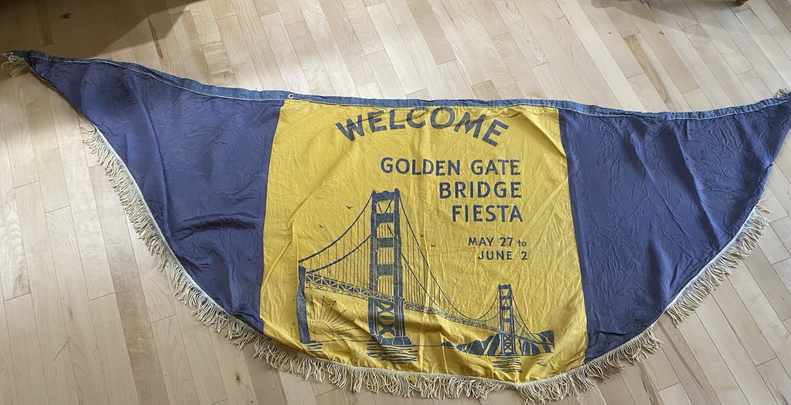 VERY RARE LARGE San Francisco 1937 Golden Gate Bridge Fiesta Days Opening Banner VERY RARE LARGE San Francisco 1937 Golden Gate Bridge Fiesta Days Opening Banner