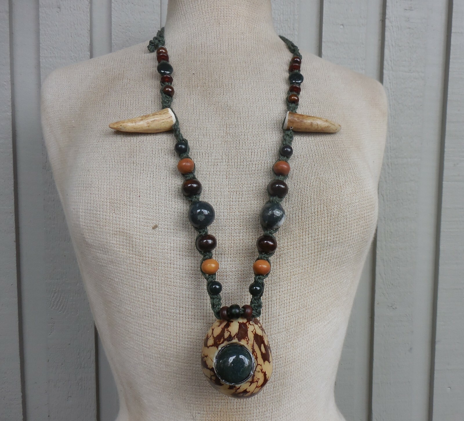Tagua Secret Pipe Hemp Necklace w/ Moss Agate Bloodstone Antler Tips Adjustable Tagua Secret Pipe Hemp Necklace w/ Moss Agate Bloodstone Antler Tips Adjustable
