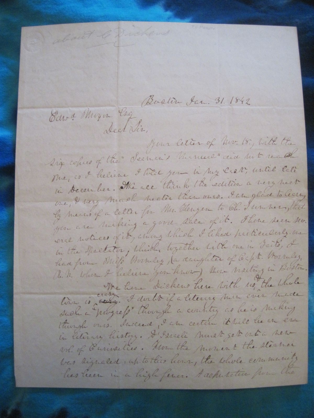RICHARD HENRY DANA JR 1842 AUTOGRAPH LETTER SIGNED ABOUT CHARLES DICKENS