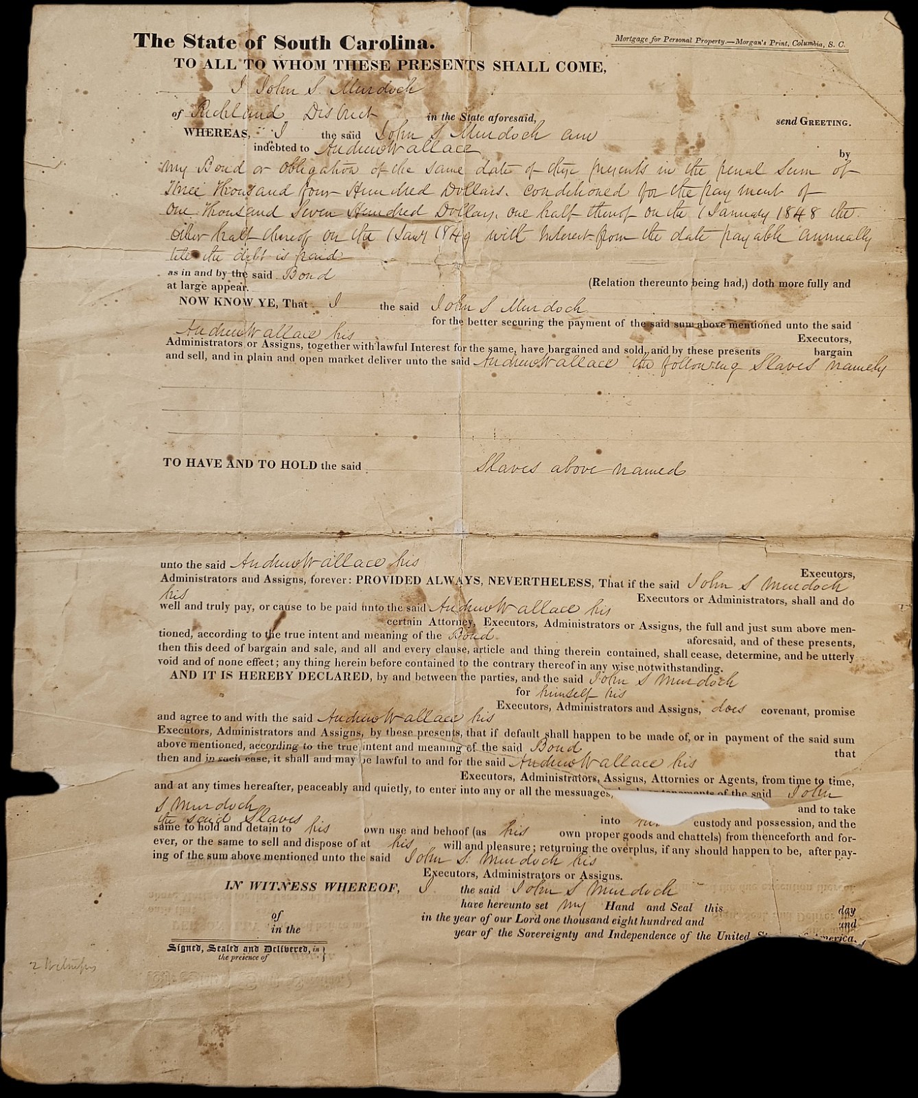 1848 RARE South Carolina EXTREME Mortgage Richland, John Murdoch, Andrew Wallace 1848 RARE South Carolina EXTREME Mortgage Richland, John Murdoch, Andrew Wallace