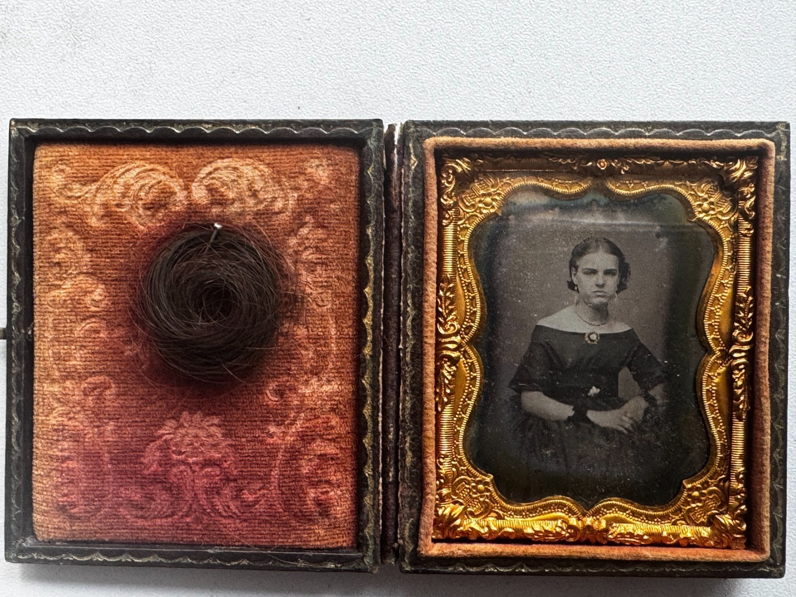 Incredible Antique Woman In Dress & Locket w/Hair DAGUERREOTYPE Dated 1857 Incredible Antique Woman In Dress & Locket w/Hair DAGUERREOTYPE Dated 1857