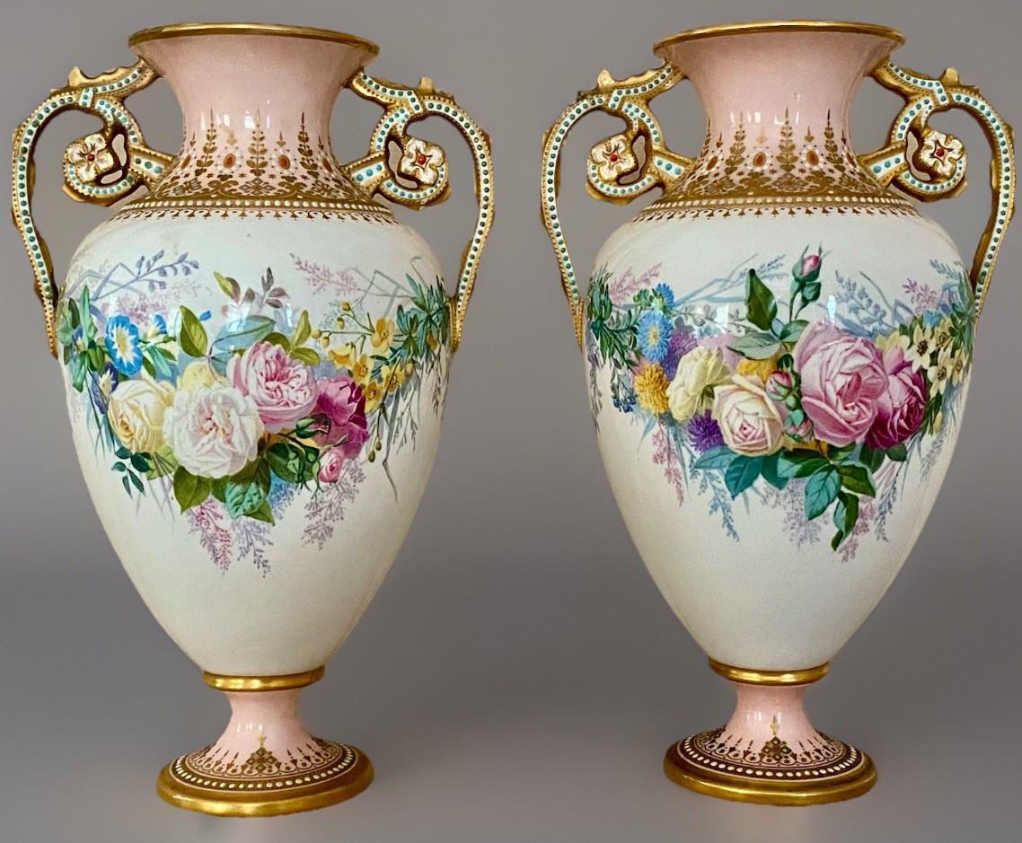 ANTIQUE SPODE COPELAND CHINA VASES PAIR SIGNED C.F. HÜRTEN PORCELAIN JEWELED